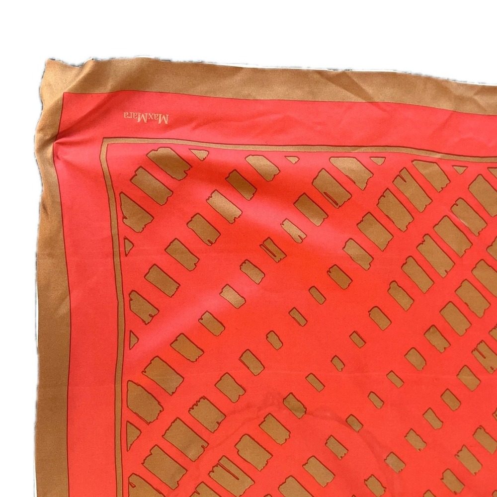 Max Mara Silk Square Scarf Coral Orange Gold Geometric Bronze Border 34in - Picture 2 of 4